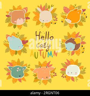 Cartoon-Herbstset mit Waldtieren und Kranz Stock Vektor