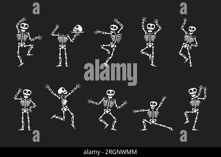 Skeletons dancing with different positions flat style design vector illustration set. Funny dancing Halloween or Day of the dead skeletons collection. Stock Vektor