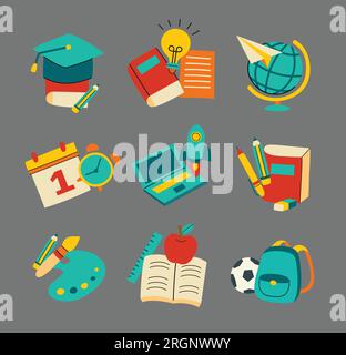 Back-to-School-Sticker-Set-Style. Bildung handgezeichnete Objekte und Symbole. Stock Vektor