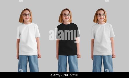 Modell eines weißen, schwarzen, melierten T-Shirts auf einem schönen Mädchen mit Brille, isoliert auf dem Hintergrund. Vorlage für ein modisches Kinderhemd, Kleidung Stockfoto