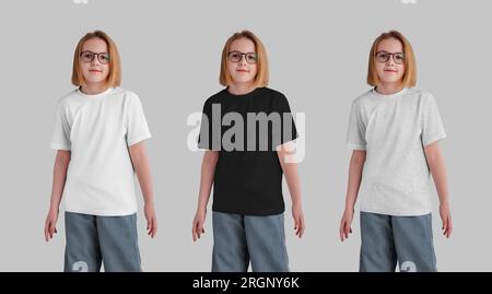 Modell eines weißen, schwarzen Kinder-T-Shirts auf einer Pose in Brille, Jeans, isoliert auf einem Hintergrund. Vorlage für Sommerhemden, Kleidung für Kleie Stockfoto