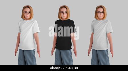 Modell eines weißen, schwarzen Kinder-T-Shirts auf einem schönen Mädchen in Brille, Jeans, für Marke, Design. Fertig. Kinderkleidung, isoliert auf dem Rücken Stockfoto