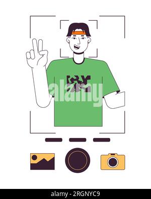Mann mit V-Zeichen und Foto-Vektorzeichen mit flacher Linie Stock Vektor