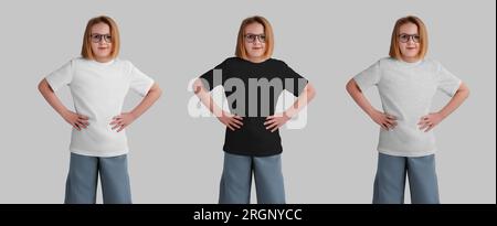 Modell eines weißen, schwarzen Kinder-T-Shirts auf einem posierenden Mädchen in Brille, Vorderseite, Kleidung für Design. Ein Set Kinderkleidung, isoliert auf dem Backgroun Stockfoto