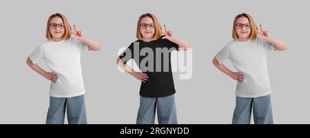 Weiß, schwarz, Heather-T-Shirt-Vorlage für Kinder auf einem lächelnden Mädchen in Brille, Jeans, knielanger Vorderseite, Kleidungsstücke für Design. Ein Set Sommershirts, Modell Stockfoto