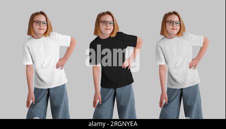 Modische Kleidung, Schablone weiß, schwarz, meliertes Kinder-T-Shirt auf einer lächelnden Brille, Vorderansicht, Design-Kleidung. Modell von Sommer-Sch Stockfoto