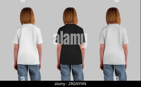 Modische Bekleidung, Rückansicht, Modell eines weißen, schwarzen Kinder-T-Shirts mit meliertem Design für Mädchen in Jeans, Kinderbekleidung für Design. Baumwollhemd Temp Stockfoto