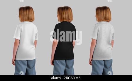 Rückansicht Bekleidungsset, Modell aus weißen, schwarzen, melierten T-Shirts für ein Mädchen mit kurzen Haaren, Kinderkleidung isoliert im Hintergrund. Produktfotografie für Stockfoto