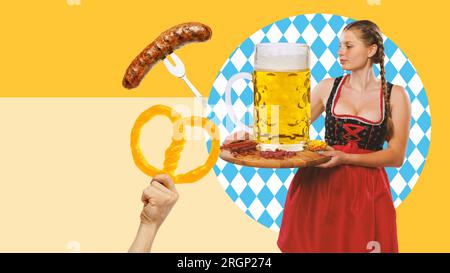 Wunderschöne junge Frau, Kellnerin im deutschen Pub, die Bier und Vorspeisen serviert. Collage für zeitgenössische Kunst. Stockfoto
