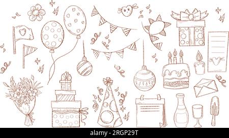 Kollektion Happy Birthday and Christmas Christmas Christmas Christmas Doodles. Handgezeichnete Partydekoration, Geschenkbox, Blumenstrauß, Ballons und Girlande. Vektor Stock Vektor