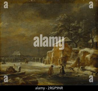 Winterlandschaft mit Häusern und gefrorenem Kanal 1670er von Jacob van Ruisdael Stockfoto