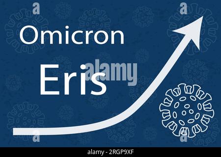 Eine neue Omicron-Variante Eris (EG.5 alias XBB.1,9.2,5). Der Pfeil zeigt eine dramatische Zunahme der Krankheit. Weißer Text auf dunkelblauem Hintergrund. Stock Vektor