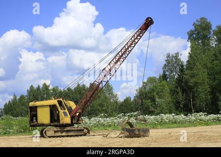 Gelber Hydraulikbagger mit langem Ausleger steht am Waldrand bei sonniger Sicht von der Seite Stockfoto