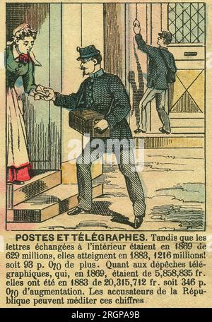 "Postes et telegraphes", Illustration du bon fonctionnement des Telecommunications et de la Poste Grace a la Republique. Gravure, in "Le Figaro, Supplement", le 30031889, Paris. Coll. Selva. Stockfoto