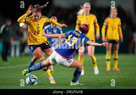 August 11 2023: Jun Endo (Japan) und Johanna Kaneryd (Schweden) kämpfen um den Ball während eines Spiels, am, . Kim Price/CSM (Kreditbild: © Kim Price/Cal Sport Media) Stockfoto