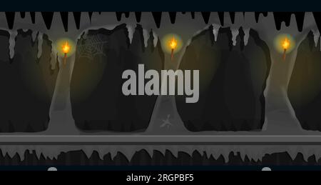 Dunkler Höhlenspielhintergrund horizontal bearbeitbar, dunkler, schrecklicher, leerer Ort mit Fels, beleuchtete Wände in Seitenansicht. Für 2D-Spiele. Vektor Stock Vektor