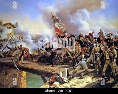 NAPOLEON BONAPARTE (1769-1821) führt seine Soldaten in der Schlacht von Arcole am 15-17. November 1796 über die Brücke. Gemälde von Horace Vernet Stockfoto