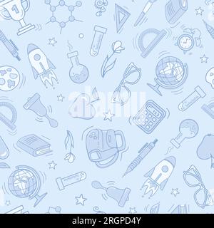 Zurück in die Schule. Pädagogisches Zubehör, Schulbedarf, Geräte für Chemie, Sport, Kunst. Schwarz-blaues Nahtloses Muster, Doodle-Style. Für wa Stock Vektor
