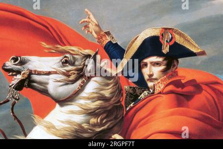 NAPOLEON BONAPARTE (1769-1821) durch die Alpen. Detail des Gemäldes von Jacques-Louis David Stockfoto