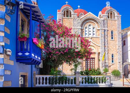 Malerisches Dorf Agia Marina, Windmühlen und Schloss Panteli auf der Insel Leros, Griechenland Stockfoto