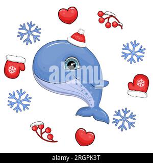 Süßer Cartoon-blauer Wal mit rotem Hut in einem Winterrahmen. Vektordarstellung eines Tieres mit roten Fäustlingen, Beeren, Herzen und blauen Schneeflocken auf einem Stock Vektor
