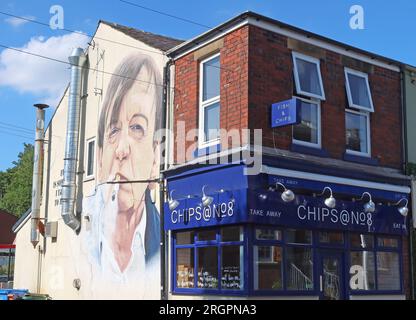 Mark E Smith, das Herbstgemälde, auf Giebelende von Chips, 8 Clifton Rd, Prestwich, Bury, Manchester, ENGLAND, GROSSBRITANNIEN, M25 3HQ Stockfoto