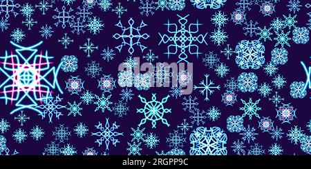 Nahtlos gemusterte Schneeflocke leuchtende Desktop-Ikone, Neon-Aufkleber, Neon-Figur, leuchtende Figur, geometrische Neon-Figuren Stockfoto