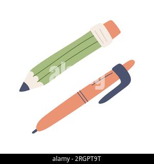 Bleistift mit Radierer und Kugelschreiber. Schreibwaren Schulbedarf. Einfaches Design. Flacher Cartoon-Style. Farbvektordarstellung isoliert auf einem weißen Bac Stock Vektor