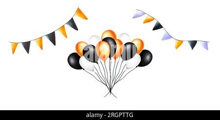 Halloween-Set in Aquarellfarben mit Bällen, Illustrationen, Bällen an einer Schnur und festlichen Flaggen. Handgemalt Orange, Schwarz, Weiß, iso-Skizze des Stücklistensymbols Stockfoto
