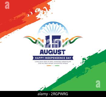 Stock Illustration, 15. August Happy Independence Day of India, Ashoka Wheel and Tricolor paint brush stroke background of Indian Flag Concept. Stock Vektor