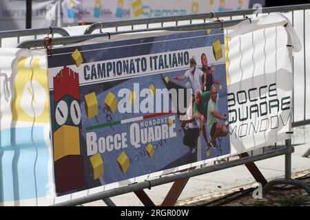 Der jährliche Bocce Quadre, oder Square Bowls Wettbewerb in Mondovi, Italien Stockfoto