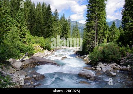 Der Fluss Krimmler Ache in der Nähe der Krimml-Warterfalls mit Bäumen und blauem Himmel. Stockfoto