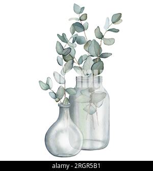 Eukalyptus, Blumenstrauß in einer Vase. Von Hand gezeichneter Clipart isoliert auf weißem Hintergrund Aquarell Blumenmuster Illustration Set grüne Blattnäste Kollektion, für Stockfoto