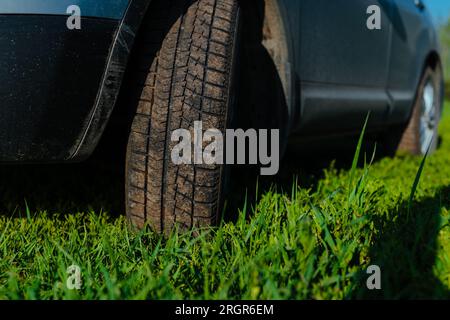 Dreckiges Autorad auf grünem Gras, Nahaufnahme Stockfoto