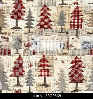 Altmodischer weihnachtsbaum mit primitivem Handnähstoff-Effekt. Gemütliches, nostalgisches, selbstgemachtes, handgefertigtes Kunsthandwerk mit nahtlosem Muster Stockfoto