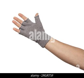 Eine Hand mit dem grauen fingerlosen Handschuh oder auf einem transparenten Hintergrund Stockfoto