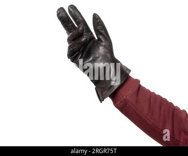Eine Hand mit schwarzem Lederhandschuh auf transparentem Hintergrund Stockfoto