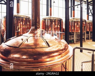 Mikrobrauerei und Ausrüstung. Runde Kupferlagertanks für die Bierfermentation und -Reifung. Herstellung von Brauereien. Stockfoto