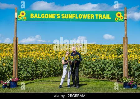 Balgone Farm, East Lothian, Schottland, Vereinigtes Königreich, 11. August 2023. Balgone Farm Sunflower Trail: Die Testversion bietet Besuchern die Möglichkeit, PYO-Sonnenblumen zu sehen. Abgebildet: Anne-Marie und Muir halten Sonnenblumen, die sie geerntet haben. Sally Anderson/Alamy Live News Stockfoto