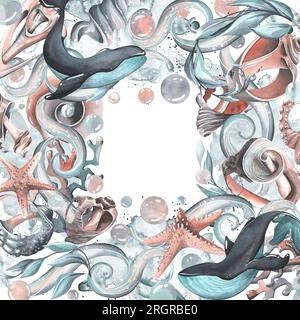 Wale mit Muscheln, Seesternen, Blasen, Algen, Wellen und Korallen türkis. Handgezeichnete Aquarelle. Vorlage quadratischer Rahmen auf weiß Stockfoto