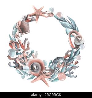 Muscheln, Seesterne, Blasen, Algen und Korallen türkis. Handgezeichnete Aquarelle. Kreisrahmen, Kranz, Schablone auf weißem Hintergrund Stockfoto