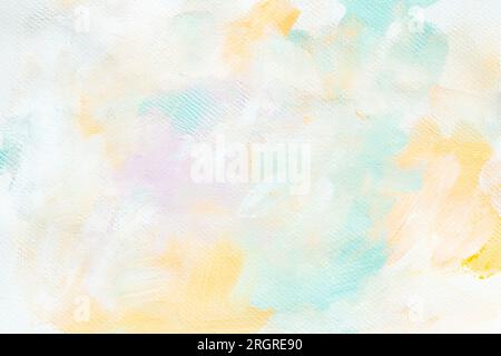Abstrakte Pinselstruktur in sanften Gelb-, Aqua- und Pfirsichtönen in Pastellfarben, perfekt für Hintergründe und Design. Stockfoto