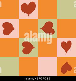 Handgemalte, nahtlose Karomuster mit Karomuster und „Red Hearts st valentine Day“-Aufdruck. Orange Grün Pink farbenfrohes, abstraktes geometrisches Schachbrettmuster für blankeres Textil-Geschenkpapier Stockfoto