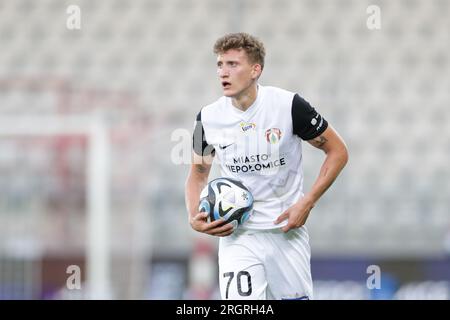 Wojciech Hajda von Puszcza Niepolomice während des Fußballspiels der polnischen PKO Ekstraklasa League 2023/2024 zwischen Puszcza Niepolomice und Stal Mielec im Cracovia Stadium. Endstand: Puszcza Niepolomice 1:0 Stal Mielec. Stockfoto