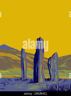 WPA-Posterkunst der Standing Stones auf Machrie Moor auf der schottischen Isle of Arran, erstellt in der Verwaltung von Bauprojekten oder im Rahmen von bundesstaatlichen Kunstprojekten Stockfoto