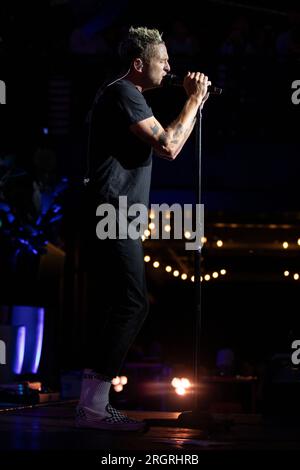 Nashville, Tennessee, USA. 10. August 2023. OneRepublic tritt im Rahmen der Bud Light Backyard Tour im Skydeck der Assembly Food Hall auf dem Broadway auf. Kredit: Kindell Buchanan/Alamy Live News. Stockfoto