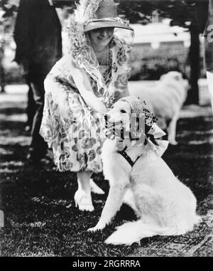 Juni 1926. Mrs. Coolidge verkleidet ihren weißen Collie, Rob Roy, in einer Haube für eine Gartenparty im Weißen Haus. Stockfoto