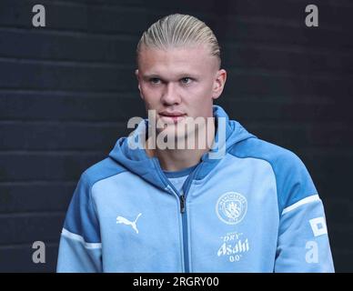 Erling Håland aus Manchester City erscheint während des Premier League-Spiels Burnley gegen Manchester City im Turf Moor, Burnley, Großbritannien, 11. August 2023 (Foto: Mark Cosgrove/News Images) Stockfoto