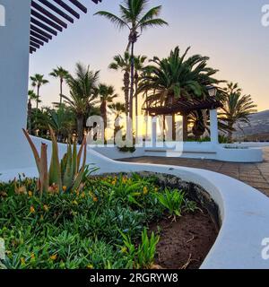 Bei Sonnenaufgang erwacht Puerto de la Cruz mit der sanften Umarmung der Morgensonne. Die Stadt, immer noch in den Überresten der Nacht eingewickelt, beginnt zu schwingen Stockfoto