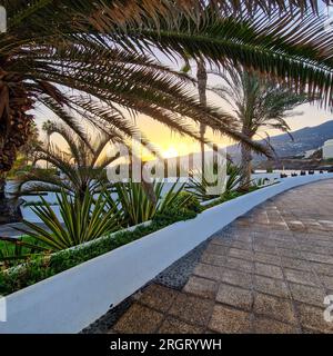 Bei Sonnenaufgang erwacht Puerto de la Cruz mit der sanften Umarmung der Morgensonne. Die Stadt, immer noch in den Überresten der Nacht eingewickelt, beginnt zu schwingen Stockfoto